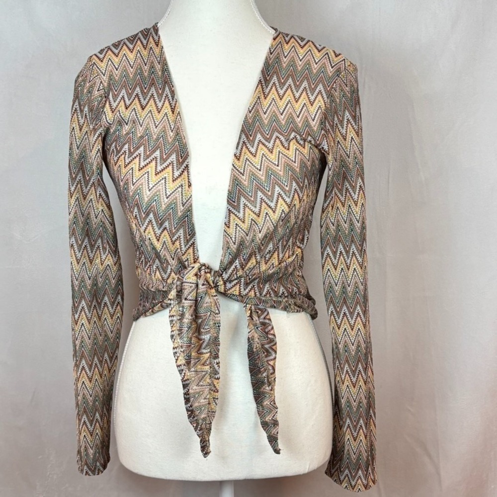 Primark Womens Brown 70's Inspired Tie Waist Cardigan Size Small Festival Boho